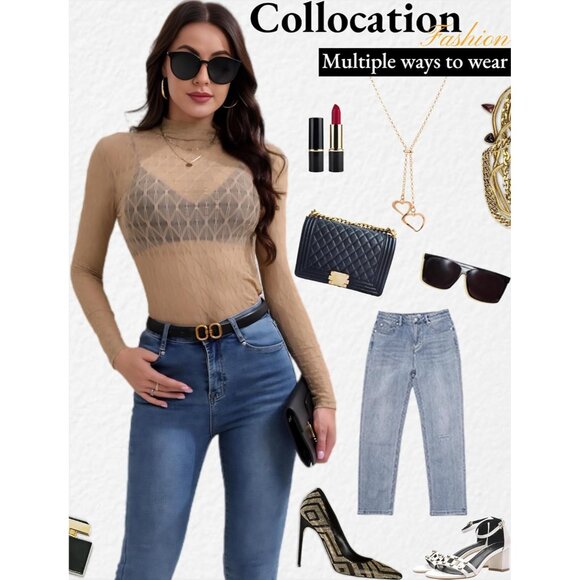 🆕 Women Khaki Long Sleeve Mesh Top Lace Mock Neck See Through Fitted Sexy Out - Picture 6 of 7